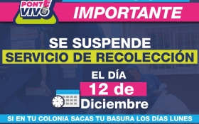 Se suspender&aacute; recolecci&oacute;n de residuos el 12 de diciembre